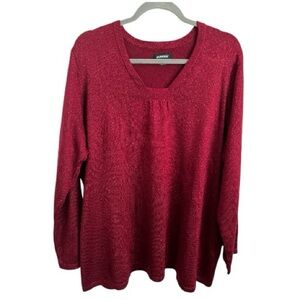 Avenue Red Metallic Shimmer Knit Top Women’s Plus 22/24 Long Sleeve V-Neck